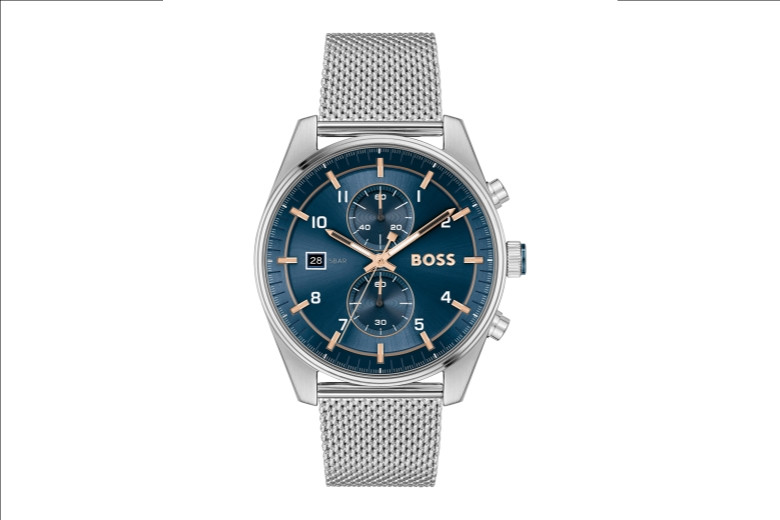 Uurwerken Heren Jongeren Hugo Boss Chronograaf uurwerken Milanaiseband met gesp Rond 5 ATM Verhard glas Hugo Boss Chronograaf met blauwe wijzerplaat 1514149