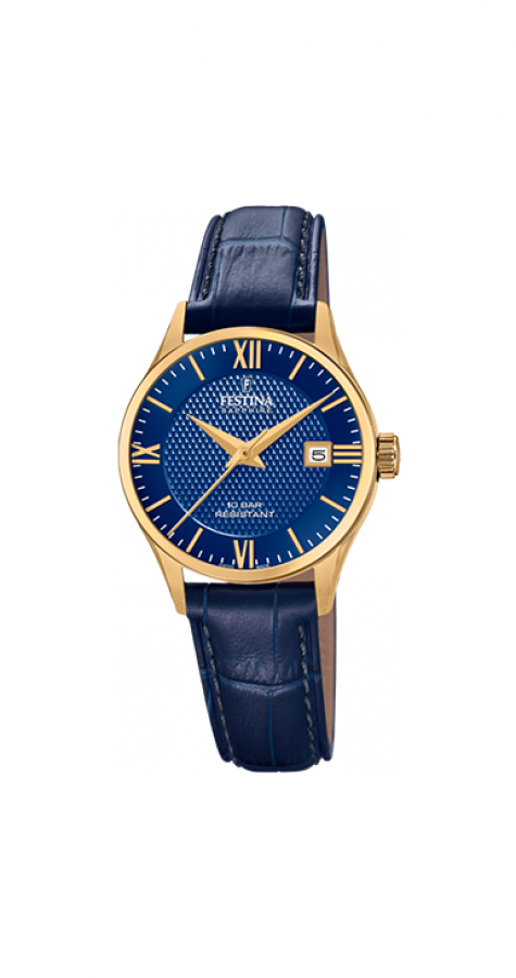 Uurwerken Dames Festina Analoge uurwerken Staal met gele PVD Lederen band  met gesp Rond 10 ATM Saffier glas Festina dames horloge F20011/3